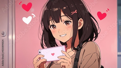 animed girl holding and looking at her phone and looking happy and ashamed for receiving love messages on the phone. 