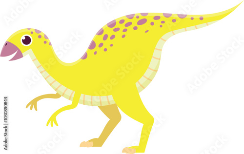 Yellow parasaurolophus dinosaur walking toward the left of the frame. This cartoon illustration would be great for educational or children content