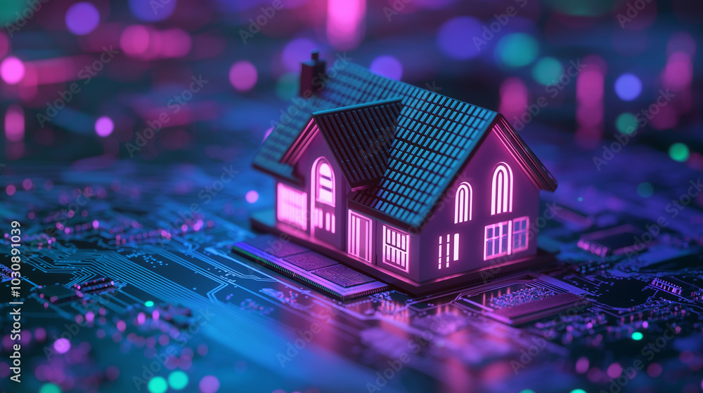 smart home concept new technology the home in the chip set like mother board on computer, chips and circuit board. macro photography front view. green plans around the home. smart home concept new technology the home in the chip set like mother board on computer, chips and circuit board. macro photography front view. green plans around the home.