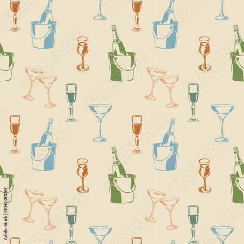 Seamless pattern with hand drawn wine glasses and champagne bottle