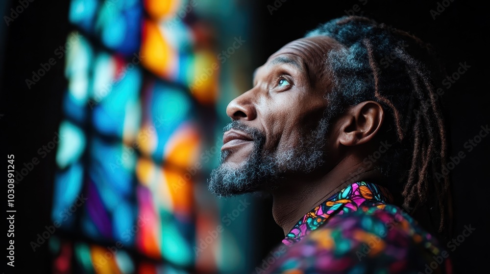 A man gazing upwards by a vibrant stained glass window portrays contemplation and artistic expression, surrounded by the colorful patterns and lights. A man gazing upwards by a vibrant stained glass window portrays contemplation and artistic expression, surrounded by the colorful patterns and lights.