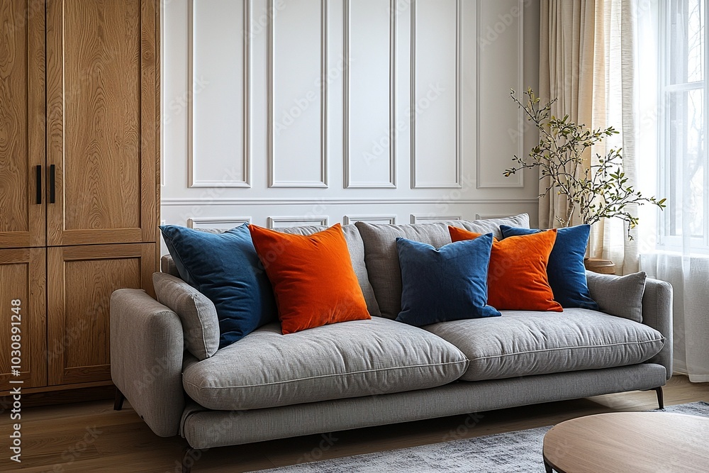 Fototapeta premium Minimalist, modern Scandinavian interiors in the living room with wood-finished walls with wood cabinets and sofas. Generative AI