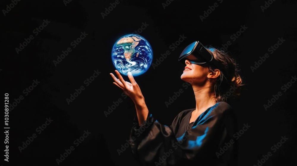 Fototapeta premium Woman in VR Headset Reaches for Holographic Earth