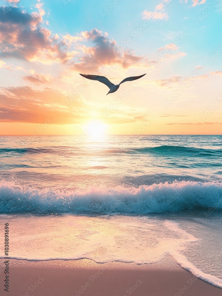 Naklejka premium Bird over Ocean Sunset