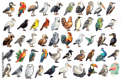 Birds of the world, cartoon sticker collection. Colorful illustration on transparent background