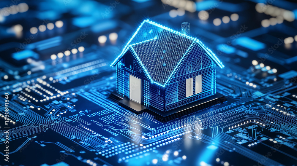 smart home concept new technology the home in the chip set like mother board on computer, chips and circuit board. macro photography front view. green plans around the home. smart home concept new technology the home in the chip set like mother board on computer, chips and circuit board. macro photography front view. green plans around the home.