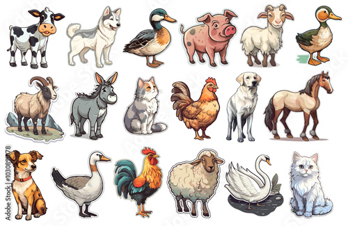 Domestic animals collage set of cartoon stickers illustration
