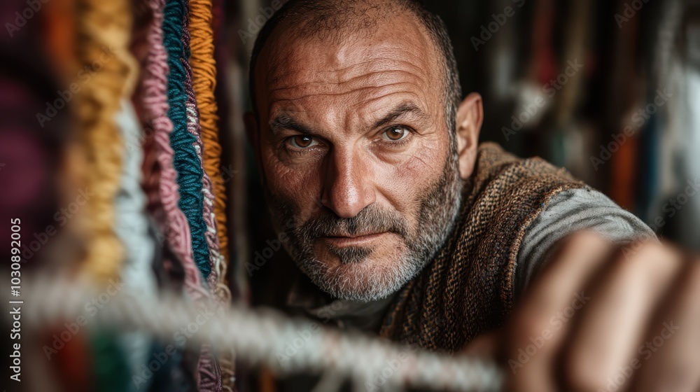 An artisan showcases determination as he weaves bright, colorful threads into a detailed tapestry, highlighting the vibrant art of weaving. An artisan showcases determination as he weaves bright, colorful threads into a detailed tapestry, highlighting the vibrant art of weaving.