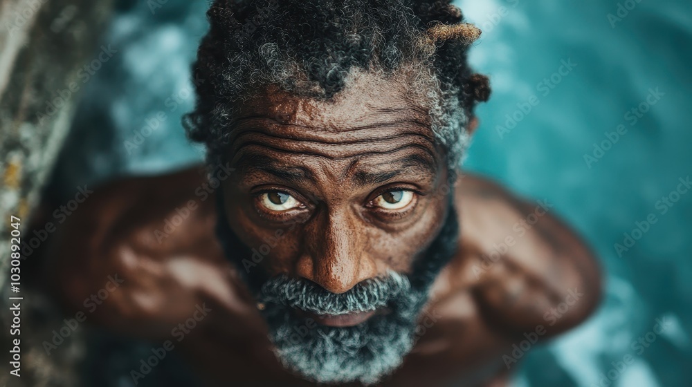 A mature swimmer emerges from the water with intensity in his eyes, reflecting strength and perseverance amidst a refreshing aquatic experience. A mature swimmer emerges from the water with intensity in his eyes, reflecting strength and perseverance amidst a refreshing aquatic experience.