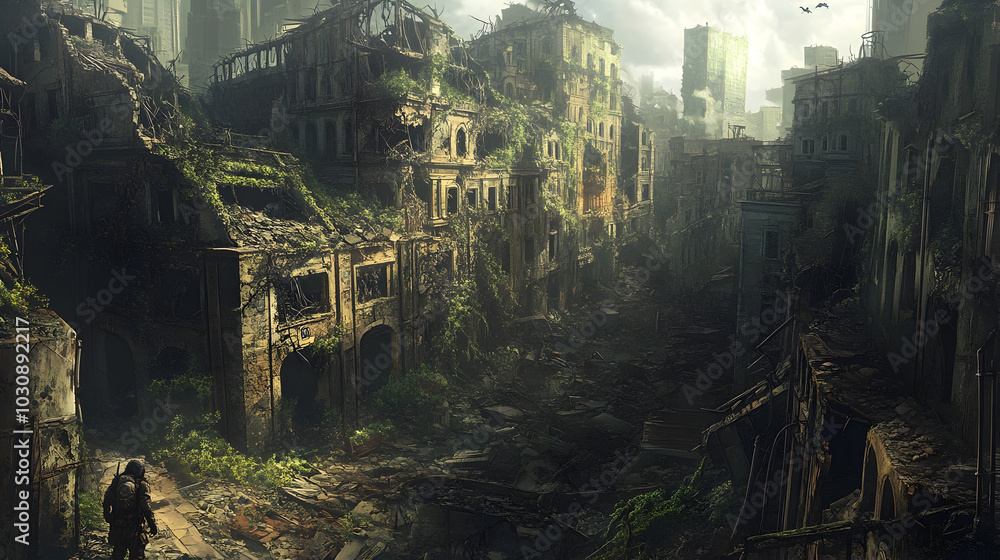 Obraz premium Weathered Scavenger Amid Crumbling Post Apocalyptic Cityscape with Overgrown Ruins