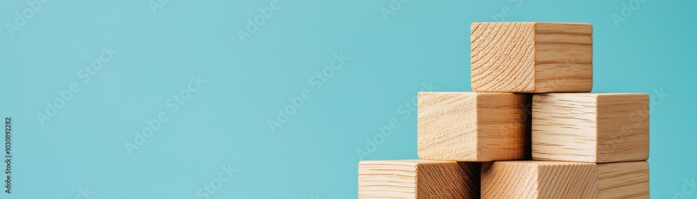 Wooden building blocks arranged on a teal background, ideal for creative play. Wooden building blocks arranged on a teal background, ideal for creative play.