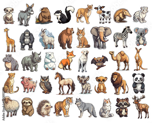 Mammal animals stickers illustrations set on transparent background