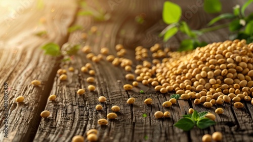 Soy Beans on Rustic Wooden Background - Close Up photo