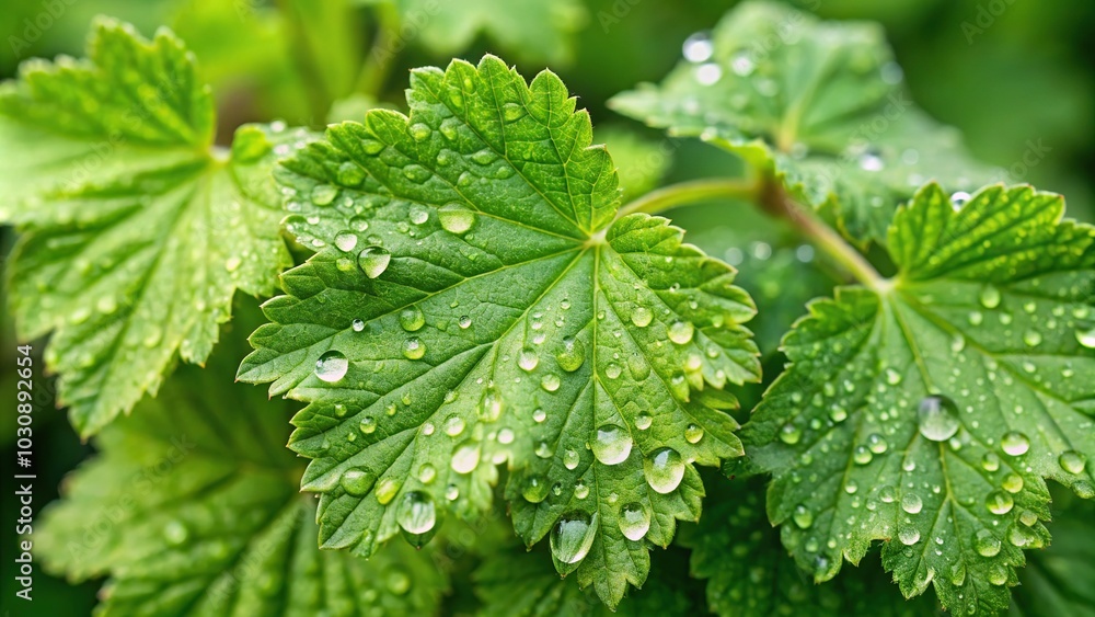 fresh currant leaves with water drops in spring rain fresh currant leaves with water drops in spring rain