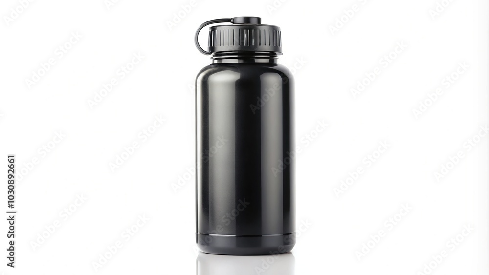 Full length black water bottle isolated on white background with leading lines Full length black water bottle isolated on white background with leading lines