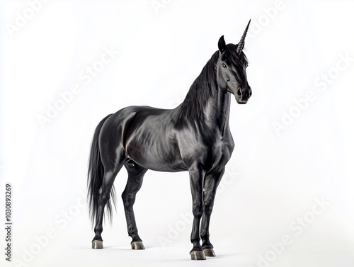 A majestic black unicorn standing elegantly against a white background. 