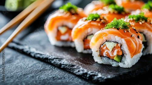 Delicious gourmet sushi rolls topped with fresh salmon and green garnish, elegantly presented on a dark slate platter, ready to delight the taste buds.