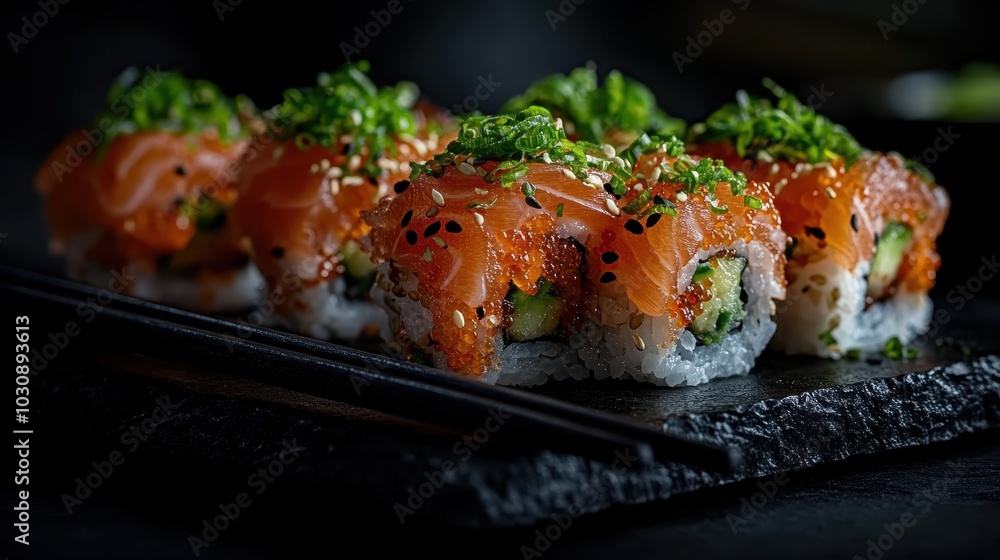 This image showcases appetizing sushi rolls topped with fresh salmon and vibrant green toppings, artistically arranged to emphasize harmony in flavors and colors. This image showcases appetizing sushi rolls topped with fresh salmon and vibrant green toppings, artistically arranged to emphasize harmony in flavors and colors.
