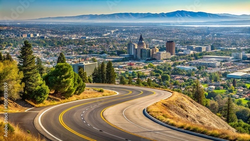 Aerial view of macro right turn and downhill with San Jose in background
