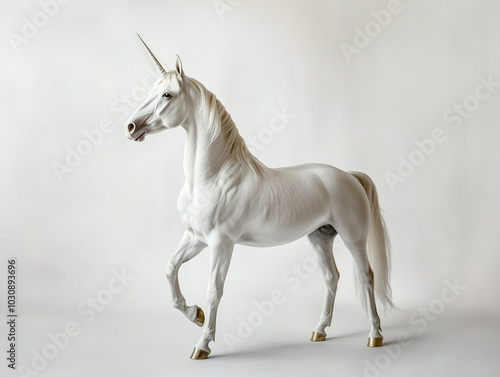 A stunning white unicorn gracefully prancing against a minimalistic white background. This AI-generated image highlights the unicorn's elegant form, smooth white coat, and shimmering horn.