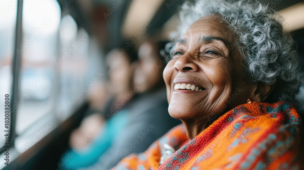 An elderly woman, filled with joy and wearing a vibrant orange shawl, enjoys a bright, sunny day while traveling on a bus, showcasing happiness and zest for life. An elderly woman, filled with joy and wearing a vibrant orange shawl, enjoys a bright, sunny day while traveling on a bus, showcasing happiness and zest for life.