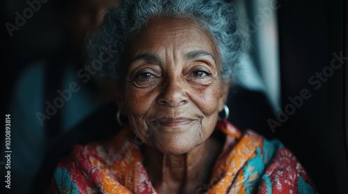 An elderly woman with curly gray hair smiles warmly, wrapped in a colorful orange shawl. Her joyful expression radiates warmth, wisdom, and contentment.