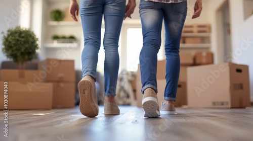 Two people walking in a room with cardboard boxes. Focus on legs and shoes. Moving to new house concept. photo