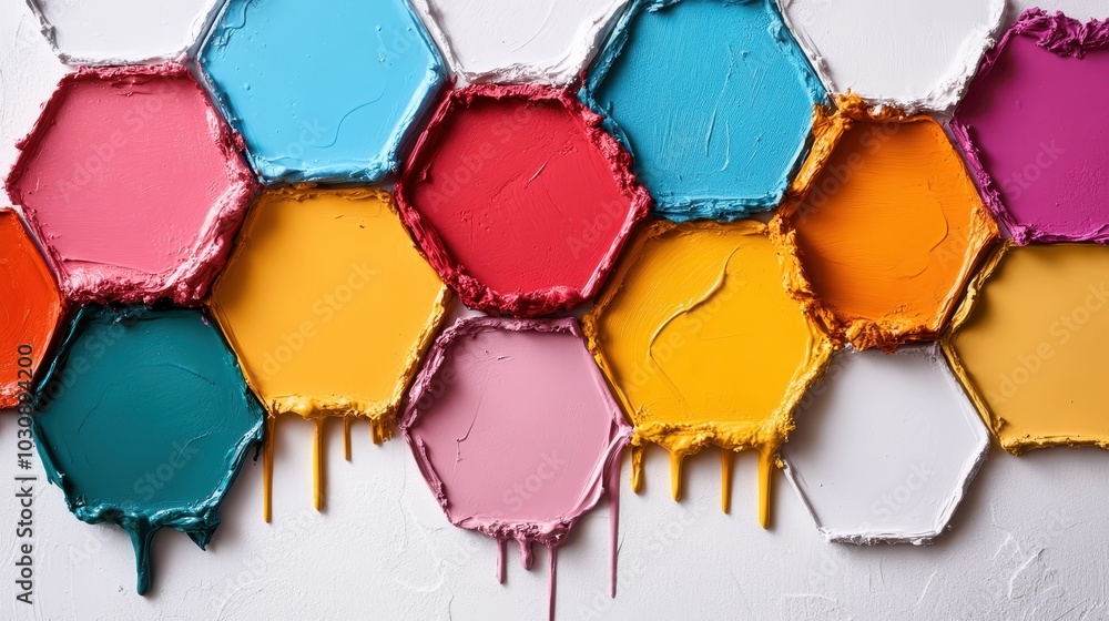 Hexagons with dripping vivid paint on a white background, suggestive of expressive creativity and breaking boundaries with overflowing emotions. Hexagons with dripping vivid paint on a white background, suggestive of expressive creativity and breaking boundaries with overflowing emotions.