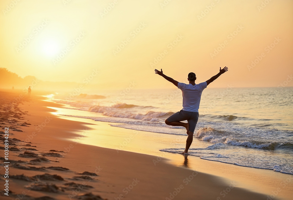Man Practicing Yoga on the Beach at Sunset Man Practicing Yoga on the Beach at Sunset