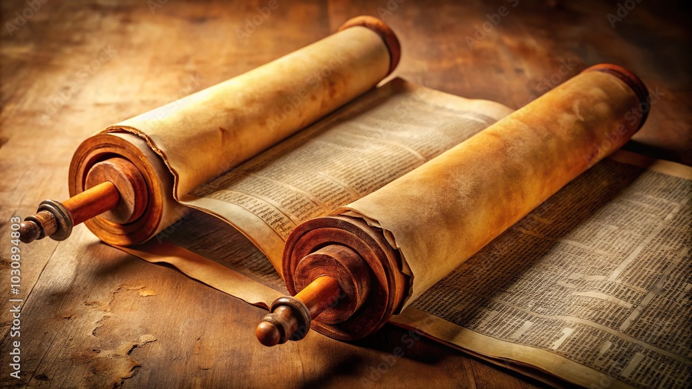 Ancient Hebrew Torah scroll on a wooden surface Ancient Hebrew Torah scroll on a wooden surface