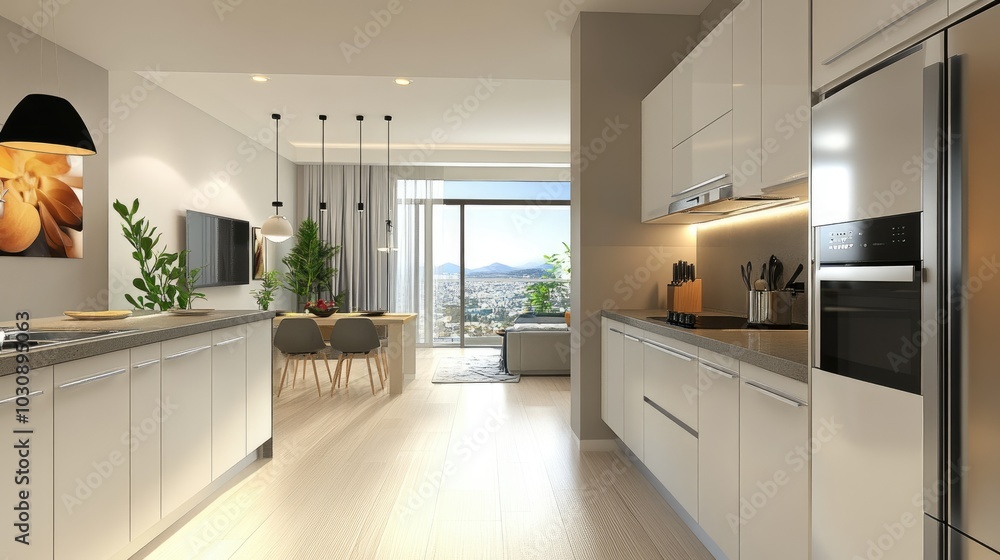 Fototapeta premium Open plan kitchen with modern appliances and clean countertop with white cabinets