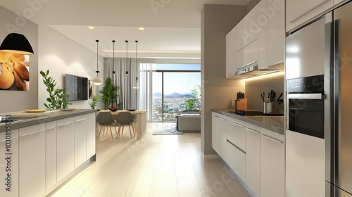 Wallpaper Mural Open plan kitchen with modern appliances and clean countertop with white cabinets Torontodigital.ca