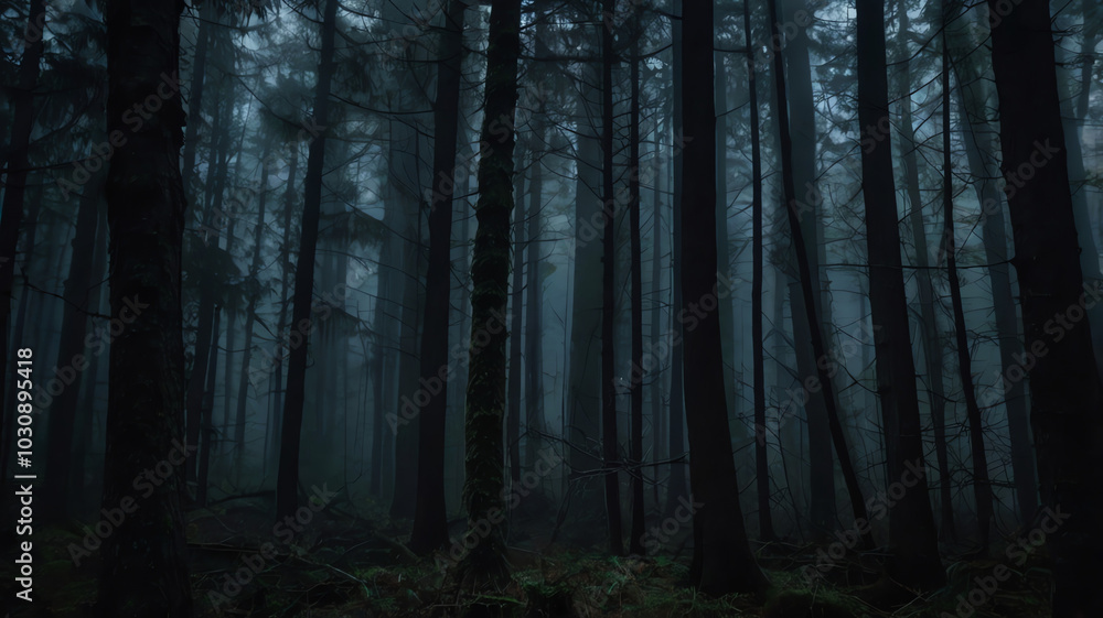 Obraz premium A dark, eerie forest at night, shrouded in thick fog, with towering trees looming in the shadows, creating a chilling and unsettling atmosphere