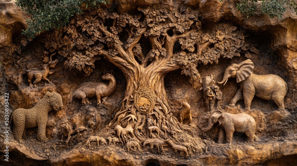 Fototapeta premium tree carved with the images animals