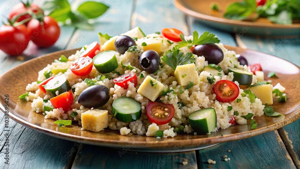 fresh Mediterranean quinoa salad with olives, cucumber, feta, eye level view fresh Mediterranean quinoa salad with olives, cucumber, feta, eye level view