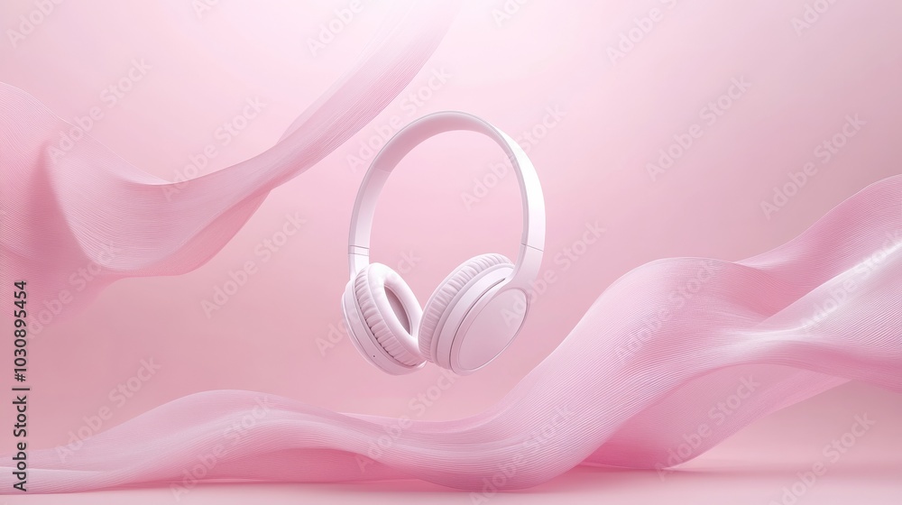 Modern wireless headphones floating on pink fabric background. Concept of music listening, relaxation and audio technology Modern wireless headphones floating on pink fabric background. Concept of music listening, relaxation and audio technology
