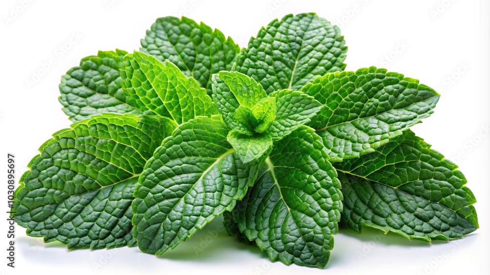 Fresh mint leaves isolated on white background, top view shot with copy space Fresh mint leaves isolated on white background, top view shot with copy space