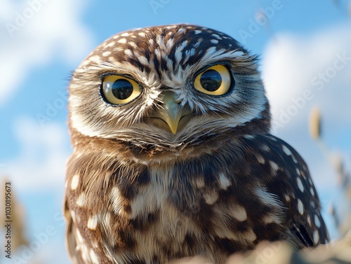 Close-up of owl with large yellow eyes photo