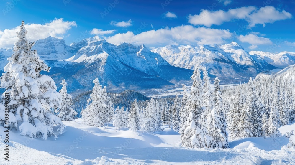 Fototapeta premium Panorama of snow covered mountains with blue sky and clouds and snow covered trees