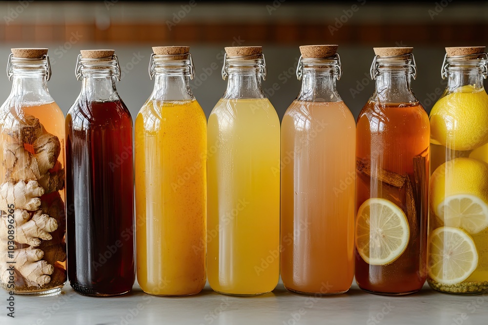 A selection of herbal detox drinks in glass bottles, each labeled with ingredients like ginger, lemon, and turmeric A selection of herbal detox drinks in glass bottles, each labeled with ingredients like ginger, lemon, and turmeric