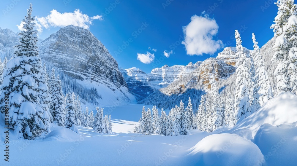 Panorama of snow covered mountains with blue sky and clouds and snow covered trees Panorama of snow covered mountains with blue sky and clouds and snow covered trees