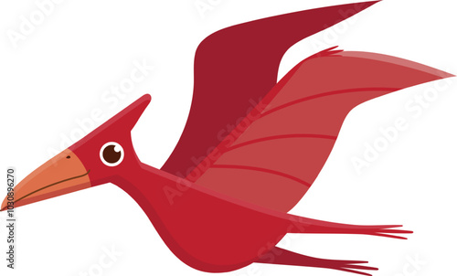 Red pterodactyl dinosaur happily flies with open wings in a colorful cartoon, bringing prehistoric charm against a white background