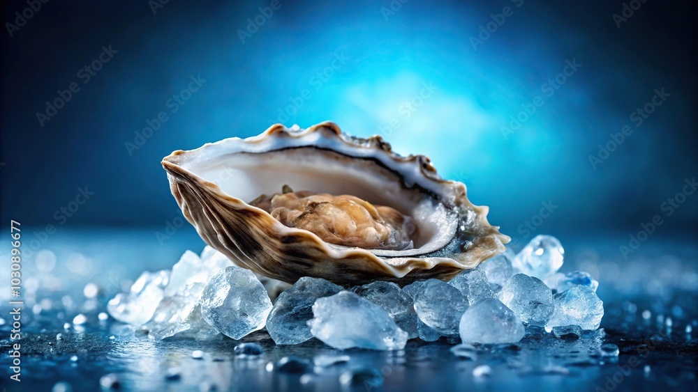 Fresh oyster on ice reflected with blue background Fresh oyster on ice reflected with blue background