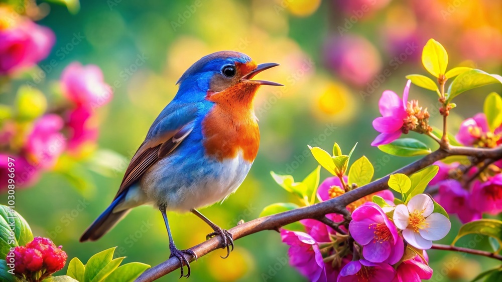 Small Bird Singing on a Branch - Nature's Melodic Beauty in Panoramic View Small Bird Singing on a Branch - Nature's Melodic Beauty in Panoramic View
