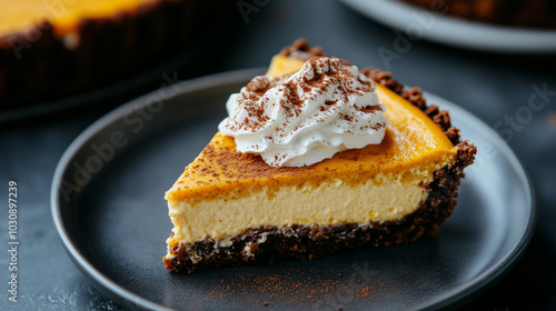 Fall Pumpkin cheesecake with whipped cream and cocoa powder on a dark plate,