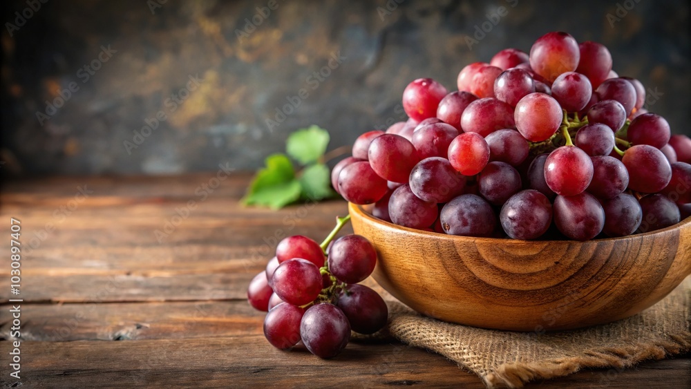 fresh red grapes in wooden bowl on rustic textured background fresh red grapes in wooden bowl on rustic textured background