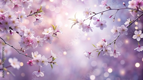 background of gentle mauves and silvers with dreamy cherry blossoms and luminous glow photo