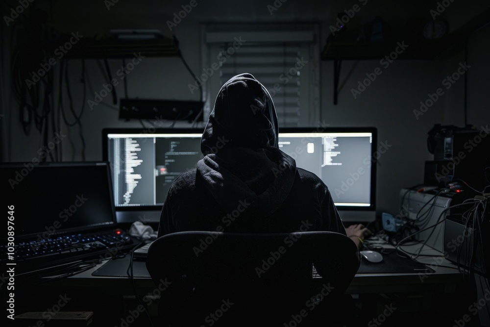 An anonymous hacker in a dark room attempting a major cyber attack ,A person wearing a hoodie is seated at a computer, focused on the screen in a cozy indoor setting. An anonymous hacker in a dark room attempting a major cyber attack ,A person wearing a hoodie is seated at a computer, focused on the screen in a cozy indoor setting.