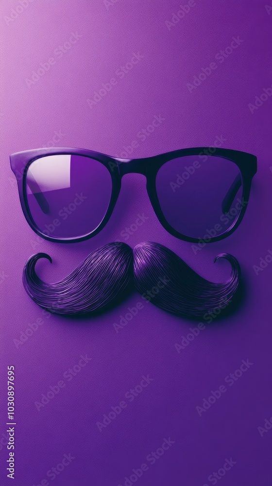 Fototapeta premium Pair of sunglasses and a fake mustache are laying on a purple background, creating a funny face. Perfect for party, humor or lifestyle concepts