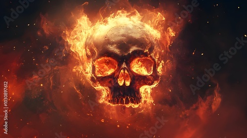 skull with burning fire flames dark background,generative ai